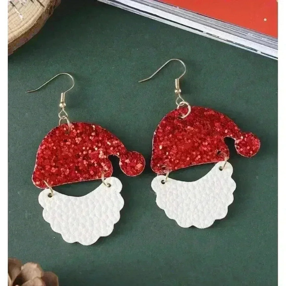 Faux Leather Christmas Santa Hat and Beard Dangle Earrings - Picture 3 of 3